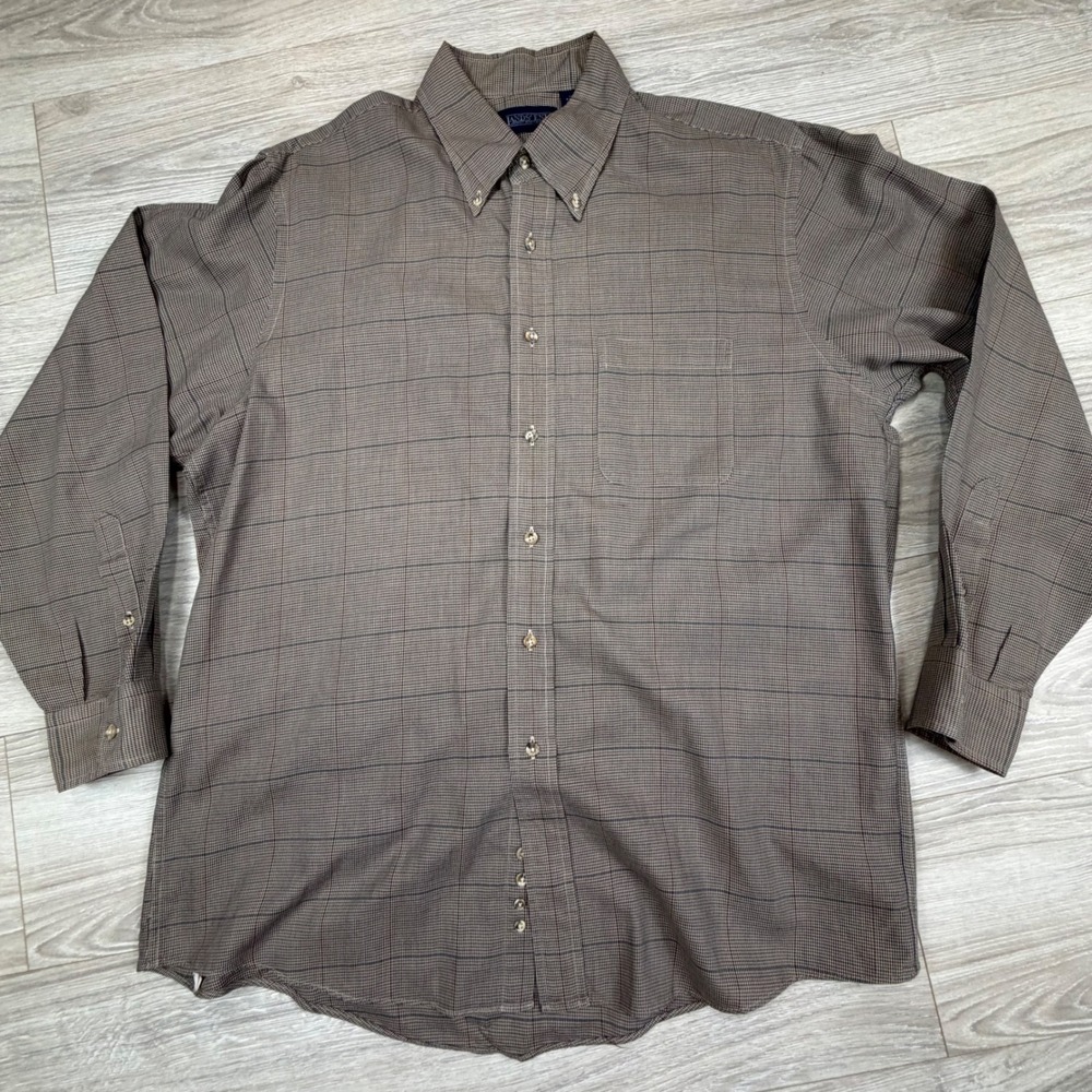 Vintage Lands End Mens 16.5 34 Brown Blue Houndstooth Plaid Cotton Button Down‎
